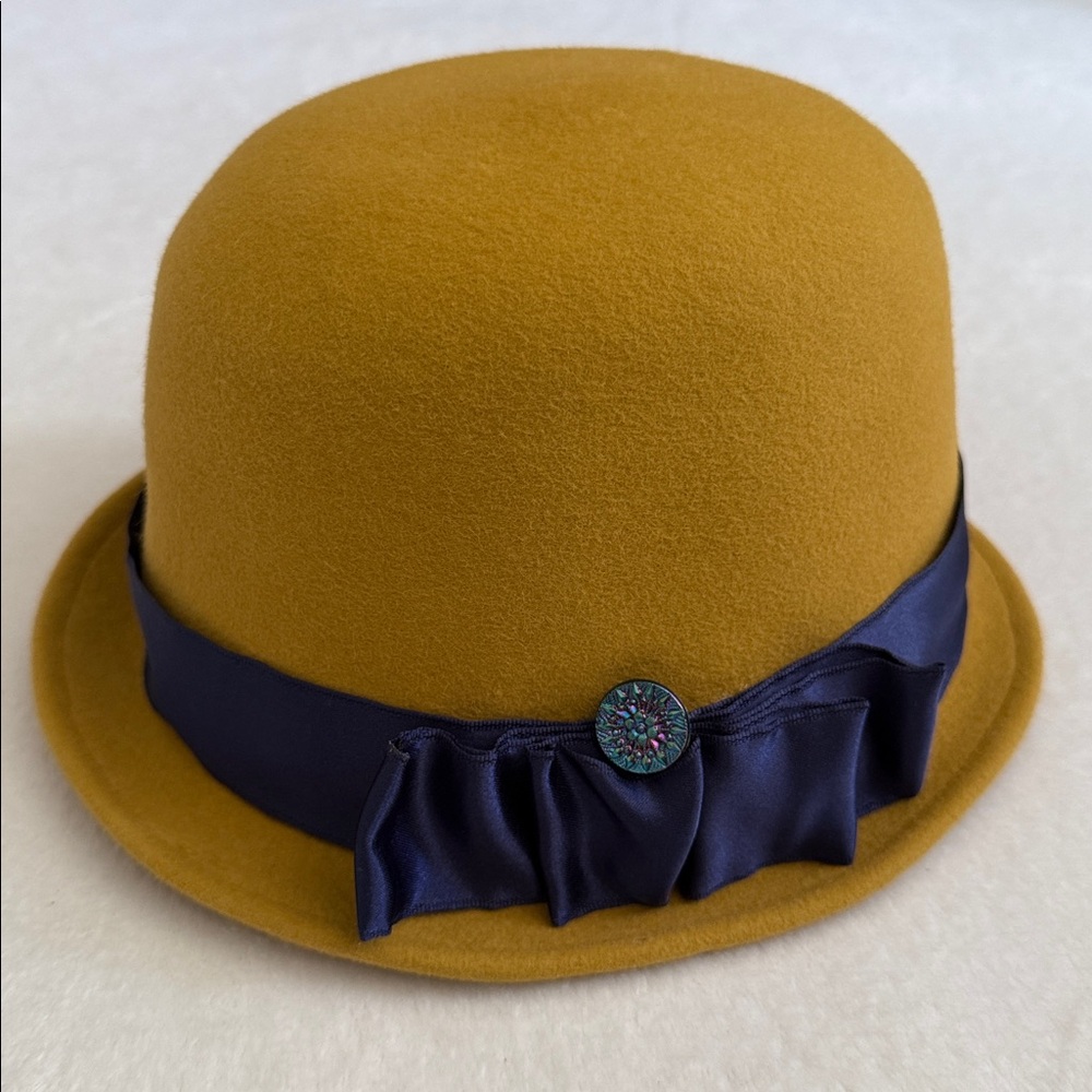 {VTG} Linda Campisano | Felt Cloche Ribbon Trimmed Hat Mustard Yellow/Purple - Picture 11 of 11
